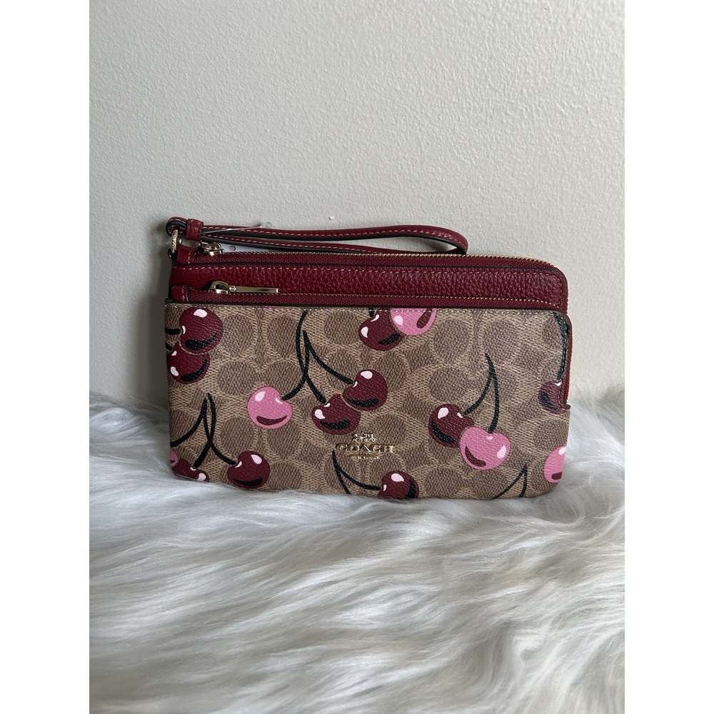 Coach Double Zip Wallet Tan Multi Canvas Leather Wristlet NEW